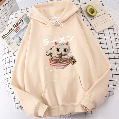Harajuku Cat Neko Nuudlid Ramen Disain Naiste Pulloverid Täielikud Tänavakapuutsid Hip Hop Fliisist kapuuts Sügismood Spordirõivad
