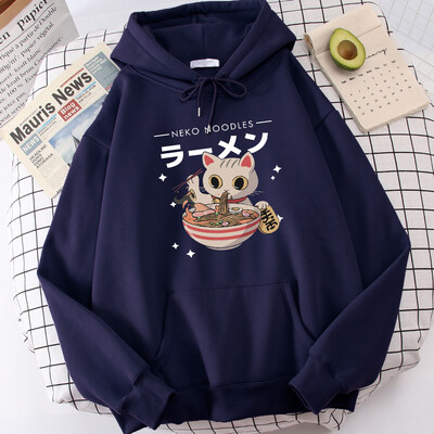 Harajuku Cat Neko Nuudlid Ramen Disain Naiste Pulloverid Täielikud Tänavakapuutsid Hip Hop Fliisist kapuuts Sügismood Spordirõivad