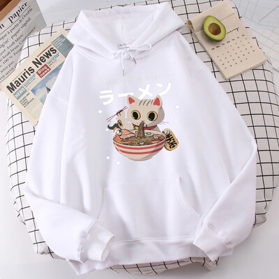 Harajuku Cat Neko Nuudlid Ramen Disain Naiste Pulloverid Täielikud Tänavakapuutsid Hip Hop Fliisist kapuuts Sügismood Spordirõivad