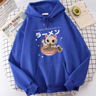 Harajuku Cat Neko Nuudlid Ramen Disain Naiste Pulloverid Täielikud Tänavakapuutsid Hip Hop Fliisist kapuuts Sügismood Spordirõivad