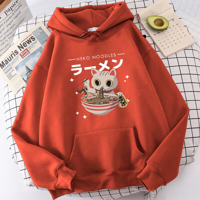Harajuku Cat Neko Nuudlid Ramen Disain Naiste Pulloverid Täielikud Tänavakapuutsid Hip Hop Fliisist kapuuts Sügismood Spordirõivad