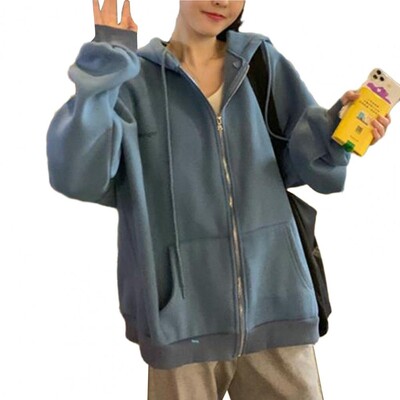 Sieviešu džemperis vienkrāsains kapucis ar rāvējslēdzēju ar garām piedurknēm ar kapuci ar savelkamu aukliņu ikdienišķas kabatas, brīvas jakas ielas apģērbs