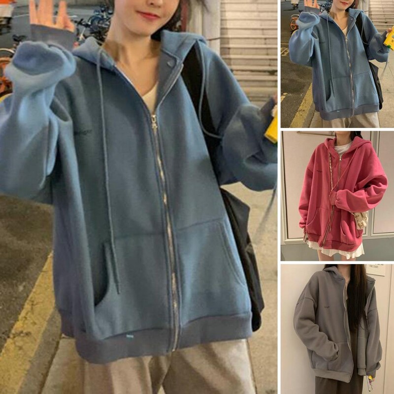 Sieviešu džemperis vienkrāsains kapucis ar rāvējslēdzēju ar garām piedurknēm ar kapuci ar savelkamu aukliņu ikdienišķas kabatas, brīvas jakas ielas apģērbs