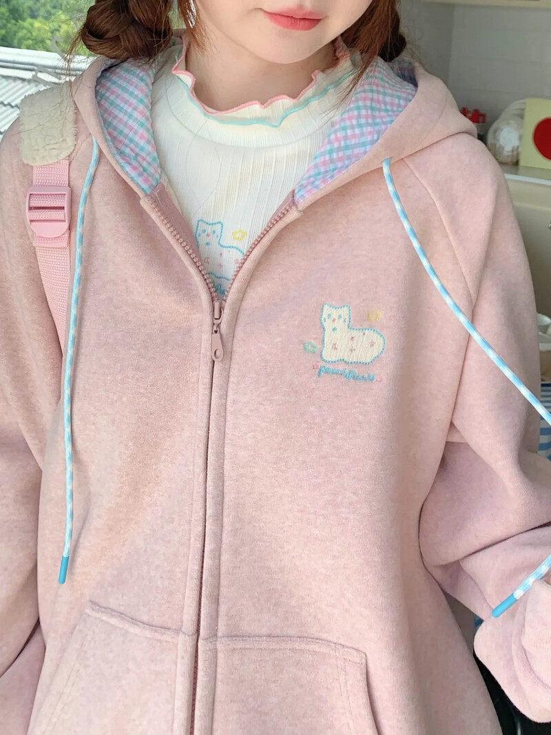 QWEEK Korėjos mados rožinis gobtuvas su užtrauktuku Moteriški japoniški Y2K Kawaii megztiniai su gobtuvu Negabaritinis, mielas, pagrindinis viršutinis drabužis su gobtuvu