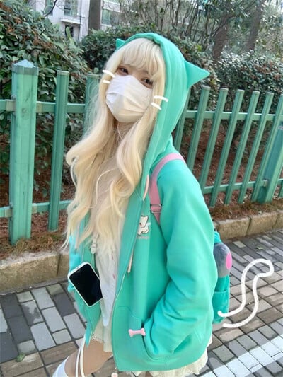 QWEEK Harajuku Kawaii Суичър с цип Дамски котешки уши Японски Y2K Сладко яке с качулка Големи големи сладки суитшърти в стил Лолита