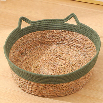 Cool Dog Cat Bed Възглавница от естествени растения Ратан Котешко гнездо Къща Кошница за спане Ръчно изтъкано малко куче Дишащо легло Кошница за съхранение