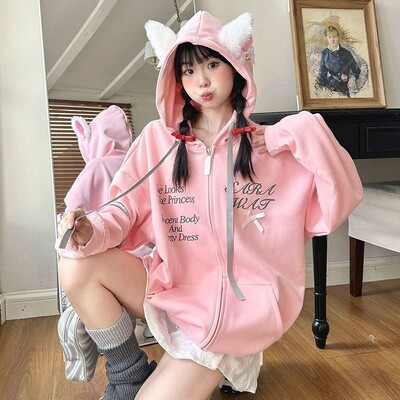 Deeptown Y2K izšūts rozā bantītes dizains Sense brīvs ar rāvējslēdzēju jaciņš brīvs cute kaķu ausis Harajuku ikdienas mēteļi 2024