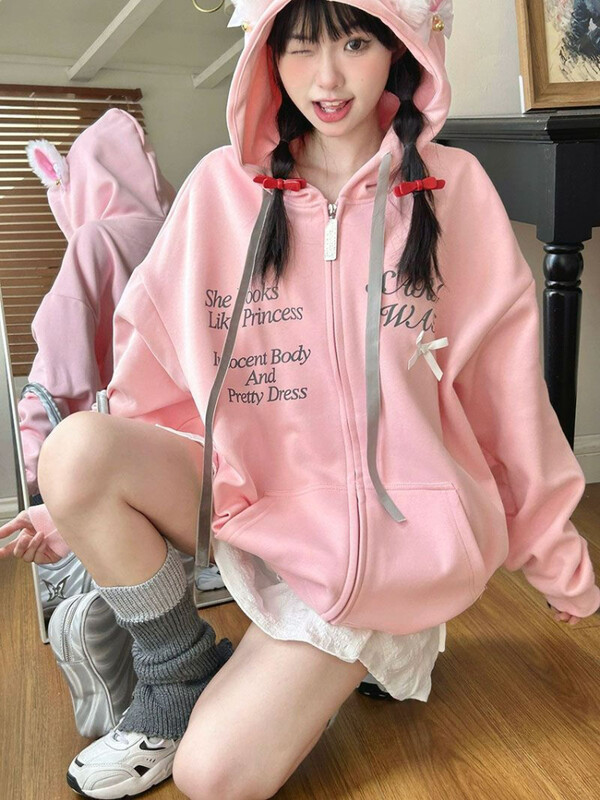 Deeptown Y2K izšūts rozā bantītes dizains Sense brīvs ar rāvējslēdzēju jaciņš brīvs cute kaķu ausis Harajuku ikdienas mēteļi 2024