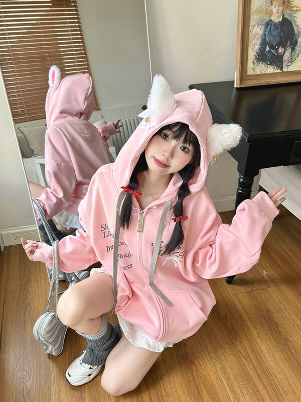 Deeptown Y2K izšūts rozā bantītes dizains Sense brīvs ar rāvējslēdzēju jaciņš brīvs cute kaķu ausis Harajuku ikdienas mēteļi 2024