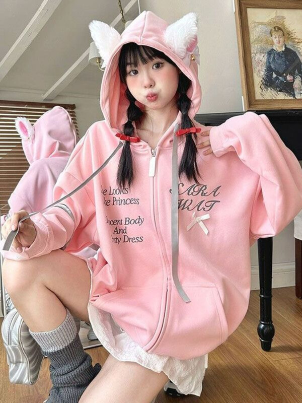 Deeptown Y2K izšūts rozā bantītes dizains Sense brīvs ar rāvējslēdzēju jaciņš brīvs cute kaķu ausis Harajuku ikdienas mēteļi 2024