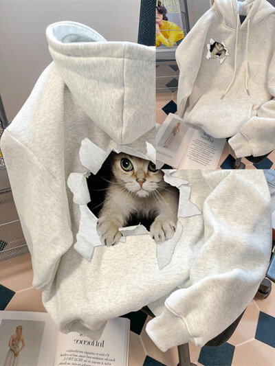 Trend Cute Cat Gri Imprimeu Bumbac de înaltă calitate Hanorac Bărbați și Femei 2024 Noua modă Lazy Wind Top cu glugă supradimensionat