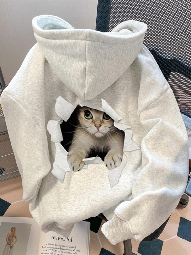 Trend Cute Cat Gri Imprimeu Bumbac de înaltă calitate Hanorac Bărbați și Femei 2024 Noua modă Lazy Wind Top cu glugă supradimensionat