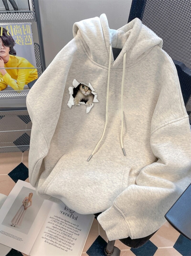 Trend Cute Cat Gri Imprimeu Bumbac de înaltă calitate Hanorac Bărbați și Femei 2024 Noua modă Lazy Wind Top cu glugă supradimensionat