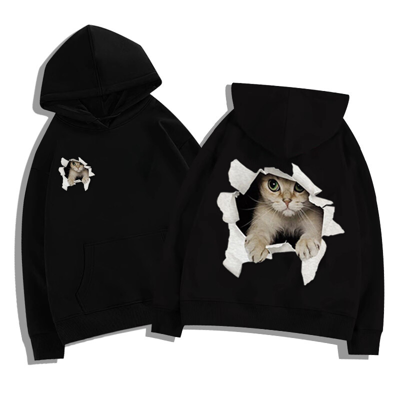 Trend Cute Cat Gri Imprimeu Bumbac de înaltă calitate Hanorac Bărbați și Femei 2024 Noua modă Lazy Wind Top cu glugă supradimensionat
