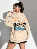 Vasaras piedzīvojumi Smieklīgi pludmales topi, apdrukāti ar kokosriekstu koku Modes ar siltu kapuci ikdienišķa multfilmu kapuce, brīva personība, sieviešu jaka