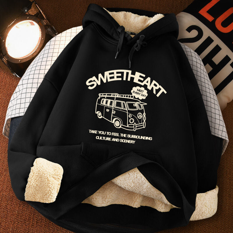 Korejski ležerni kaput Odjeća Ženska majica s kapuljačom Crna dukserica Cartoon Harajuku Dream Car Bread Sunrise Print Pulover Fleece Ženski