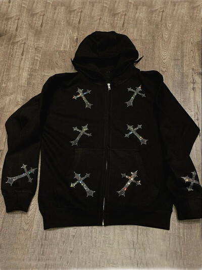 Hanorac cu glugă pentru femei, cu fermoar, încrucișat, cu strasuri, Y2k, pantaloni de jogging hip hop, pulover, moda coreeană, punk, sport