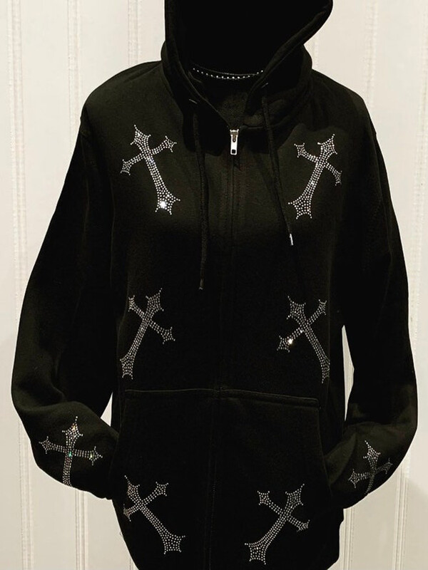 Hanorac cu glugă pentru femei, cu fermoar, încrucișat, cu strasuri, Y2k, pantaloni de jogging hip hop, pulover, moda coreeană, punk, sport