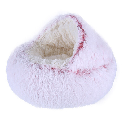 Plīša gulta seskiem maziem mājdzīvniekiem ziemas silta ala un slēpnis, garspalvains kaķēns kucēnu gulta apaļa, pārklāta māja, guļampaklājiņš