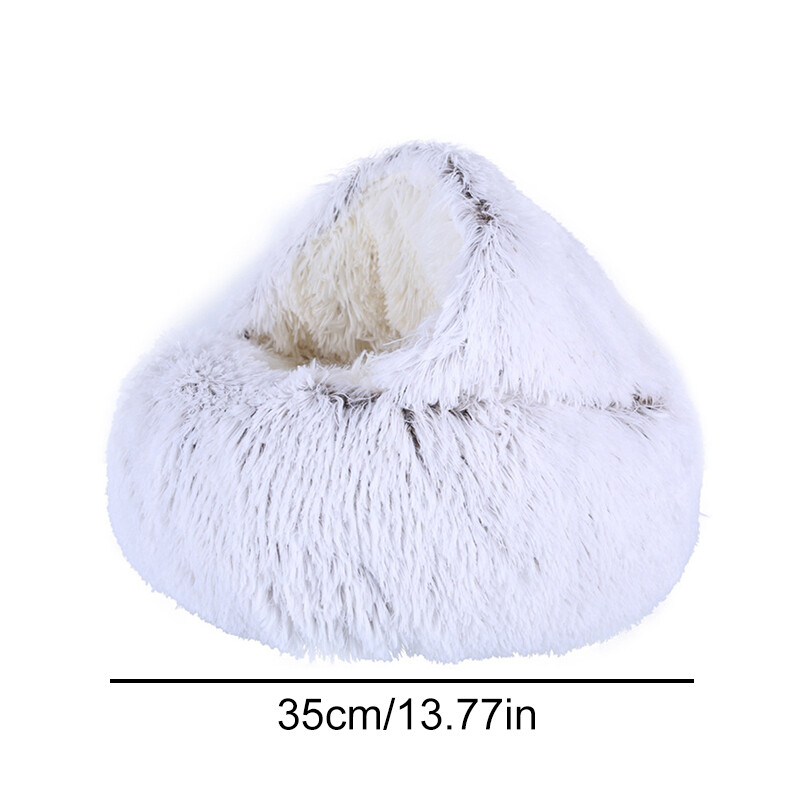 Plīša gulta seskiem maziem mājdzīvniekiem ziemas silta ala un slēpnis, garspalvains kaķēns kucēnu gulta apaļa, pārklāta māja, guļampaklājiņš