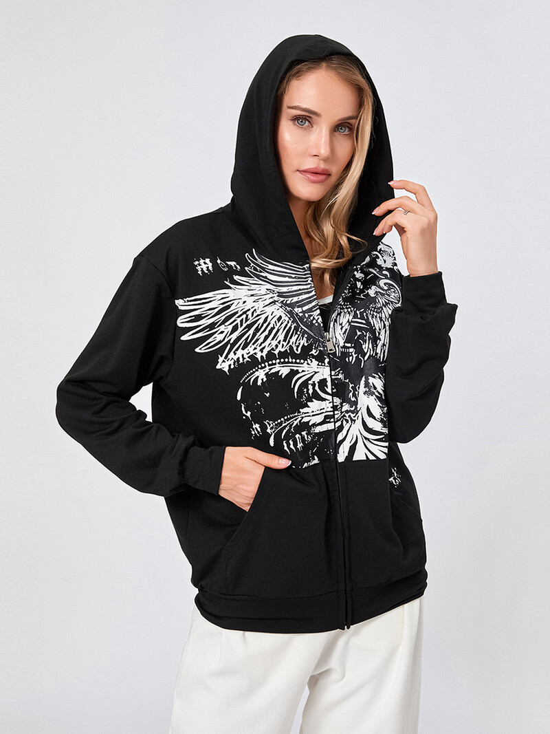 y2k pentru femei, gri cu aripi cu imprimeu Fairycore, hanorace, haină gotică cu mânecă lungă, fermoar, hanorac supradimensionat, jachetă retro Harajuku, îmbrăcăminte de stradă