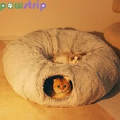 Pat de pluș pentru pisici, cu tunel, pentru pisici de interior, în formă de gogoașă, peșteră de dormit pentru pisici, anti-alunecare, cuib pentru pisici.