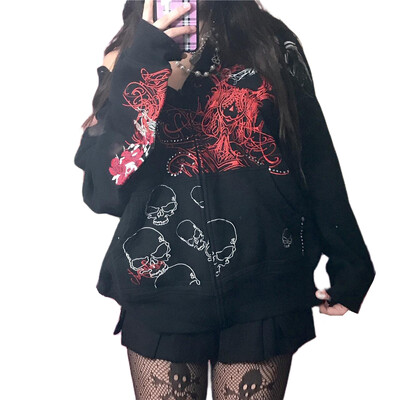 Lamuusaa Gothic Coat Sieviešu y2k Apģērbi Cybercore Jaka Grafiska apdruka ar rāvējslēdzēju garām piedurknēm Topi Emo Grunge Apģērbi Ielu apģērbi