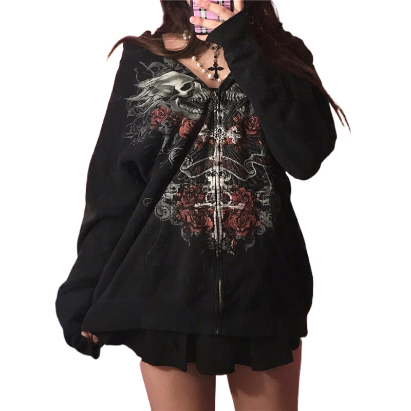 Lamuusaa Gothic Coat Sieviešu y2k Apģērbi Cybercore Jaka Grafiska apdruka ar rāvējslēdzēju garām piedurknēm Topi Emo Grunge Apģērbi Ielu apģērbi