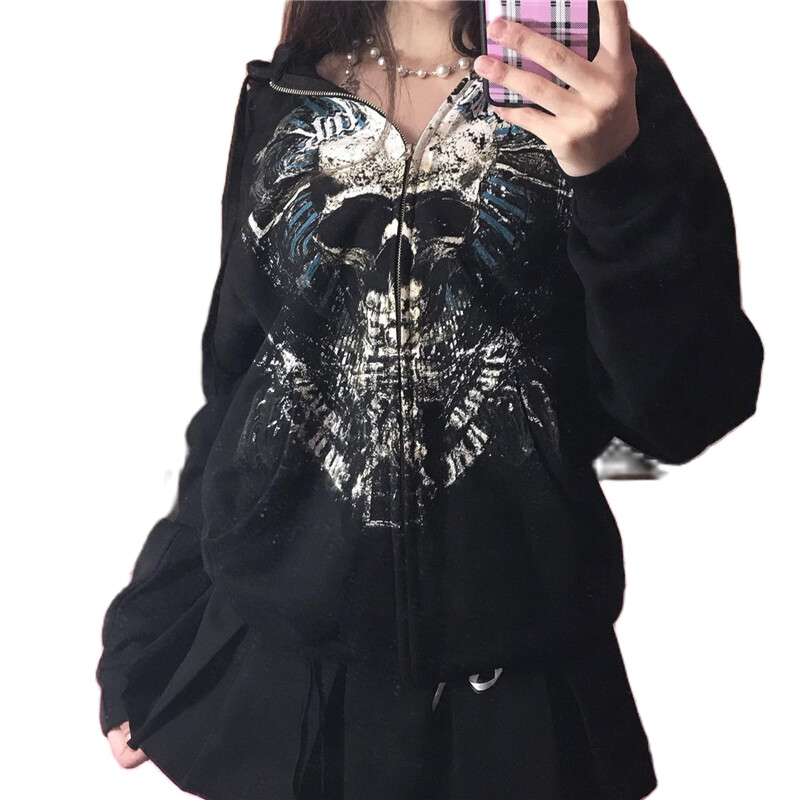Lamuusaa Gothic Coat Sieviešu y2k Apģērbi Cybercore Jaka Grafiska apdruka ar rāvējslēdzēju garām piedurknēm Topi Emo Grunge Apģērbi Ielu apģērbi