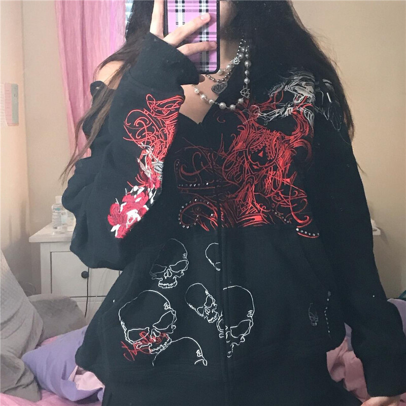 Lamuusaa Gothic Coat Sieviešu y2k Apģērbi Cybercore Jaka Grafiska apdruka ar rāvējslēdzēju garām piedurknēm Topi Emo Grunge Apģērbi Ielu apģērbi