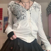 Lamuusaa y2k Hoodies Sieviešu Rhinestone Graphic Print Mētelis ar garām piedurknēm ar kapuci Gothic Grunge džemperi 2000. gadu ielas apģērbs