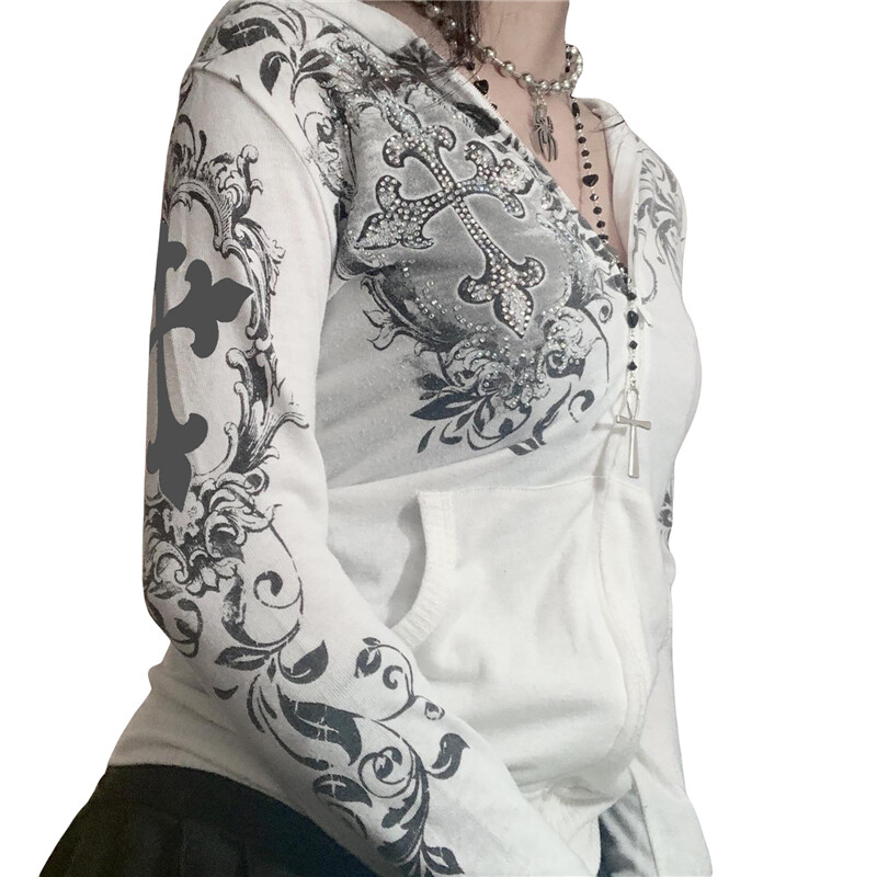 Lamuusaa y2k Hoodies Sieviešu Rhinestone Graphic Print Mētelis ar garām piedurknēm ar kapuci Gothic Grunge džemperi 2000. gadu ielas apģērbs