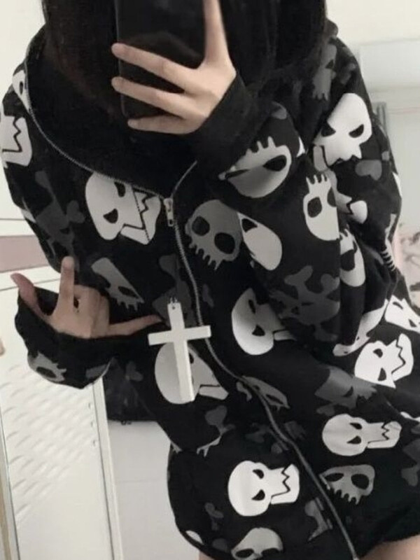 Iarnă vintage cu glugă streetwear Harajuku Goth Skull imprimeu pulover casual punk largi hanorac pentru femei haine y2k Hanorace emo