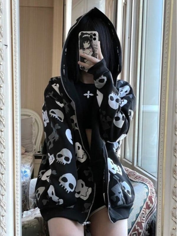 Iarnă vintage cu glugă streetwear Harajuku Goth Skull imprimeu pulover casual punk largi hanorac pentru femei haine y2k Hanorace emo