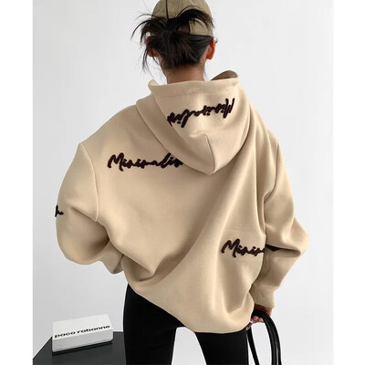 2023. gada jauns viegls, ar flīsu oderētu piena zīda kompozītmateriālu džemperis, pilns gabals, izšūts rudens/ziemas džemperis ar kapuci