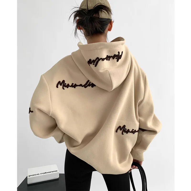 2023. gada jauns viegls, ar flīsu oderētu piena zīda kompozītmateriālu džemperis, pilns gabals, izšūts rudens/ziemas džemperis ar kapuci