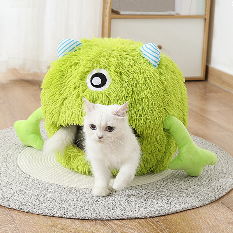 Plüss macskaágy télen meleg macskaház Kényelmes alvóágy cicának Levehető Mosható Rajzfilm Macskák Kennel Kisállatkellékek