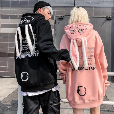 Суичър за двойки Мъжки полар Sudaderas Y2k Пуловери с дълъг ръкав Oversize Горнища с качулка със заешки уши Дамски Kawaii Hip Hop Street