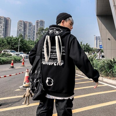 Dukserica za parove Muškarci Fleece Sudaderas Y2k dugih rukava Oversize Puloveri Topovi s kapuljačom sa zečjim ušima Žene Kawaii Hip Hop Street