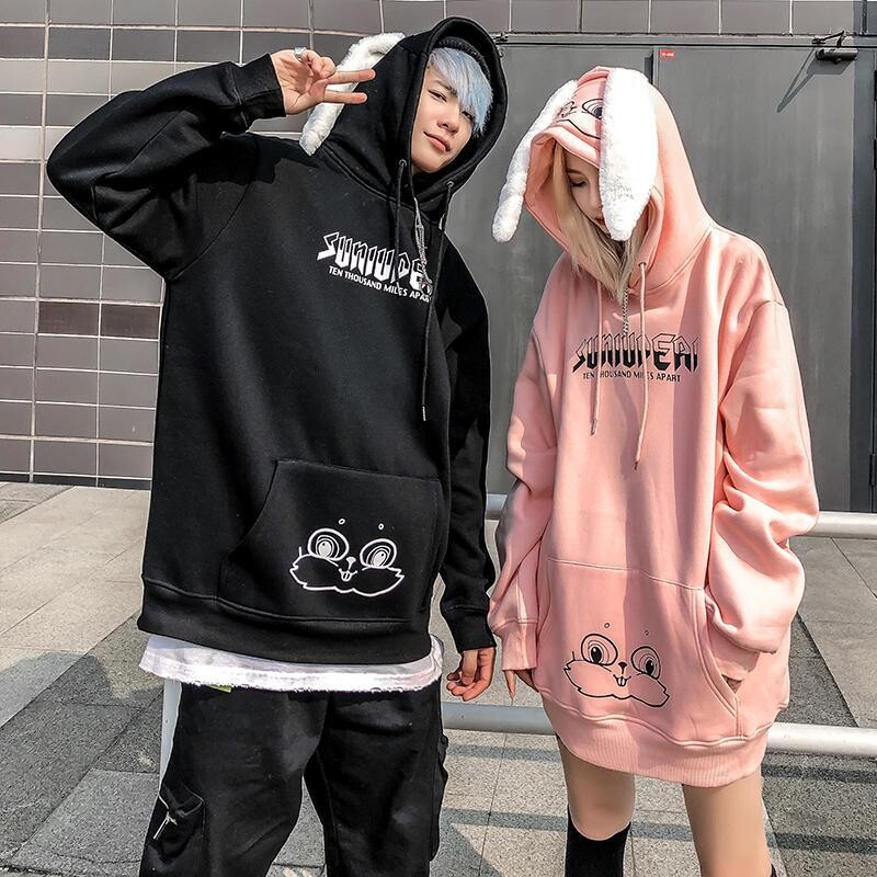 Dukserica za parove Muškarci Fleece Sudaderas Y2k dugih rukava Oversize Puloveri Topovi s kapuljačom sa zečjim ušima Žene Kawaii Hip Hop Street