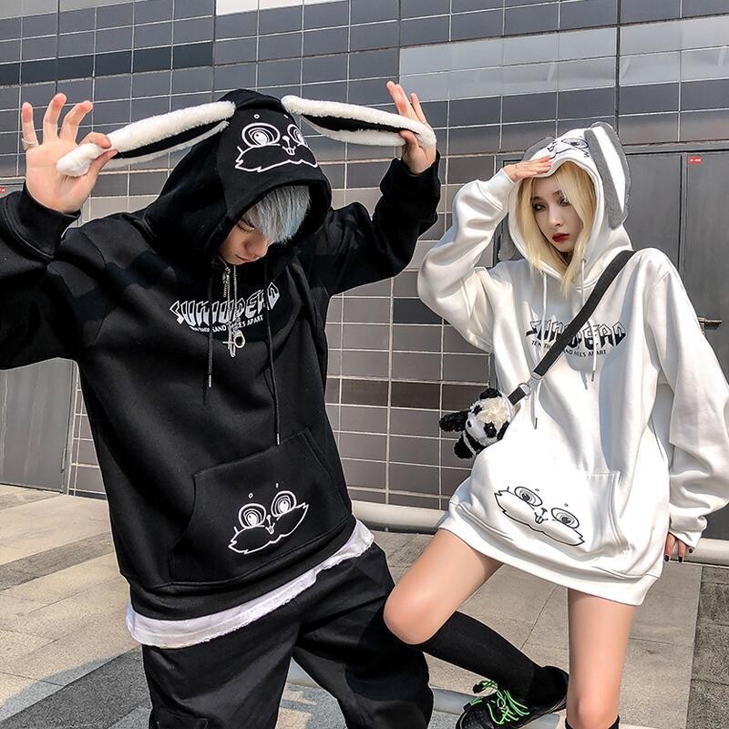 Dukserica za parove Muškarci Fleece Sudaderas Y2k dugih rukava Oversize Puloveri Topovi s kapuljačom sa zečjim ušima Žene Kawaii Hip Hop Street