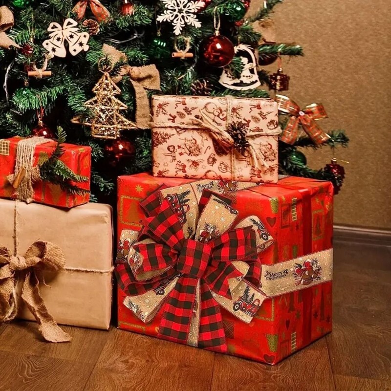 Pânză fundă mare de Crăciun cu două straturi Culoare de îmbinare Pom de Crăciun Fundă de sus Motiv în carouri alb-negru Panglică lungă