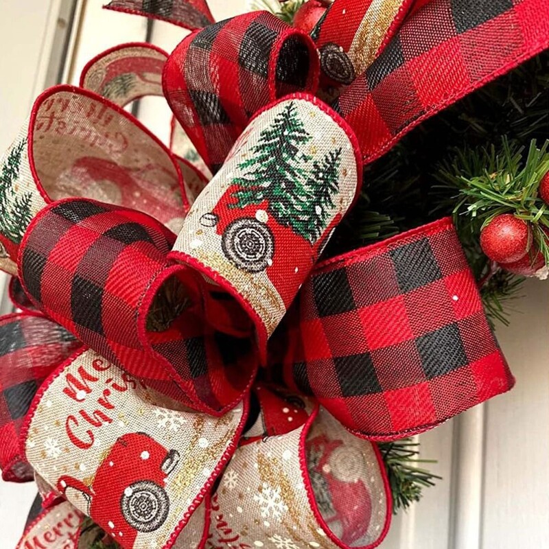 Pânză fundă mare de Crăciun cu două straturi Culoare de îmbinare Pom de Crăciun Fundă de sus Motiv în carouri alb-negru Panglică lungă