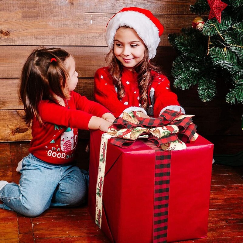 Pânză fundă mare de Crăciun cu două straturi Culoare de îmbinare Pom de Crăciun Fundă de sus Motiv în carouri alb-negru Panglică lungă