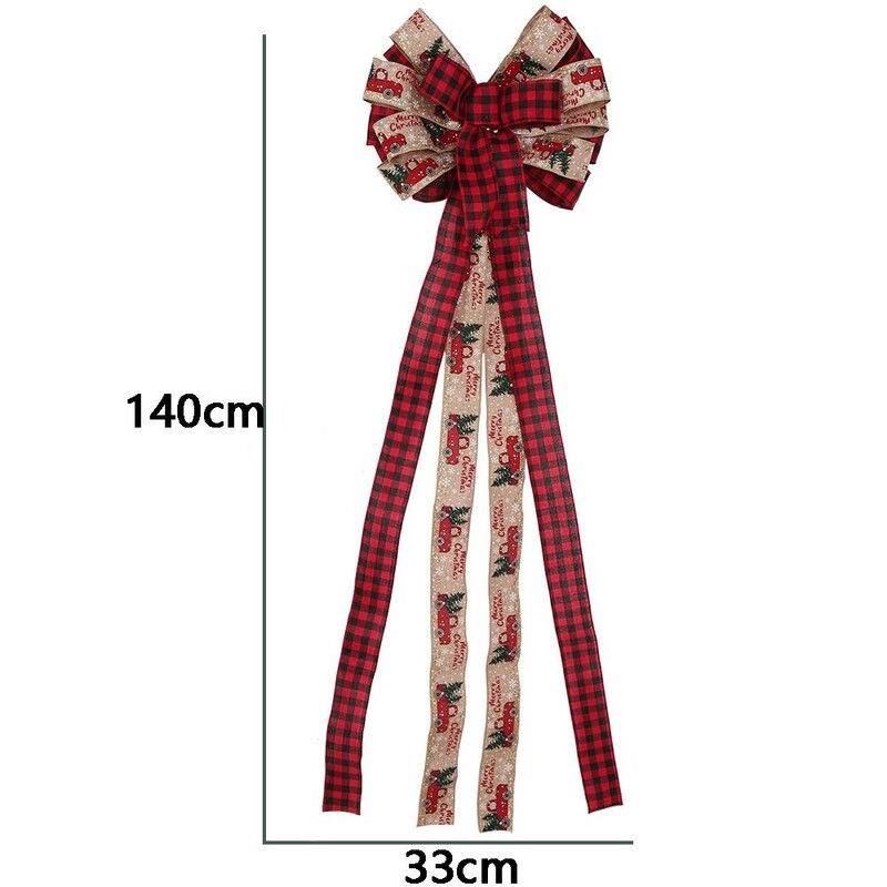 Pânză fundă mare de Crăciun cu două straturi Culoare de îmbinare Pom de Crăciun Fundă de sus Motiv în carouri alb-negru Panglică lungă