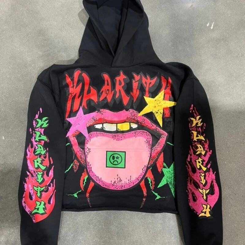 Y2k Îmbrăcăminte Hanorace cu model imprimat la gură Pulover cu mâneci lungi Hip Hop supradimensionat Punk Personalitate vintage pentru cuplu