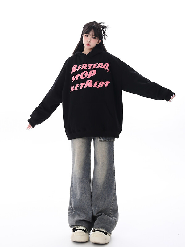 Sieviešu ziemas kapuce, ielas apģērbs ar burtu O veida kakla izgriezumu, ikdienas modes Harajuku, melns, lielizmēra džemperis, džemperis