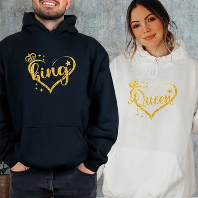 Двойки Подходящи суичъри King Queen Забавен суичър с качулка Golden Crown Heart Print с дълъг ръкав Суичъри с качулка Съпруга Съпруг Любовници