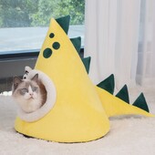 Casă pentru animale de companie tridimensională în formă de dinozaur, galben de desene animate, pat drăguț pentru pisici în timpul iernii, pat moale pentru dormit, pentru pisici, câini, petrecere decembrie