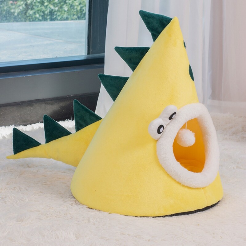 Casă pentru animale de companie tridimensională în formă de dinozaur, galben de desene animate, pat drăguț pentru pisici în timpul iernii, pat moale pentru dormit, pentru pisici, câini, petrecere decembrie